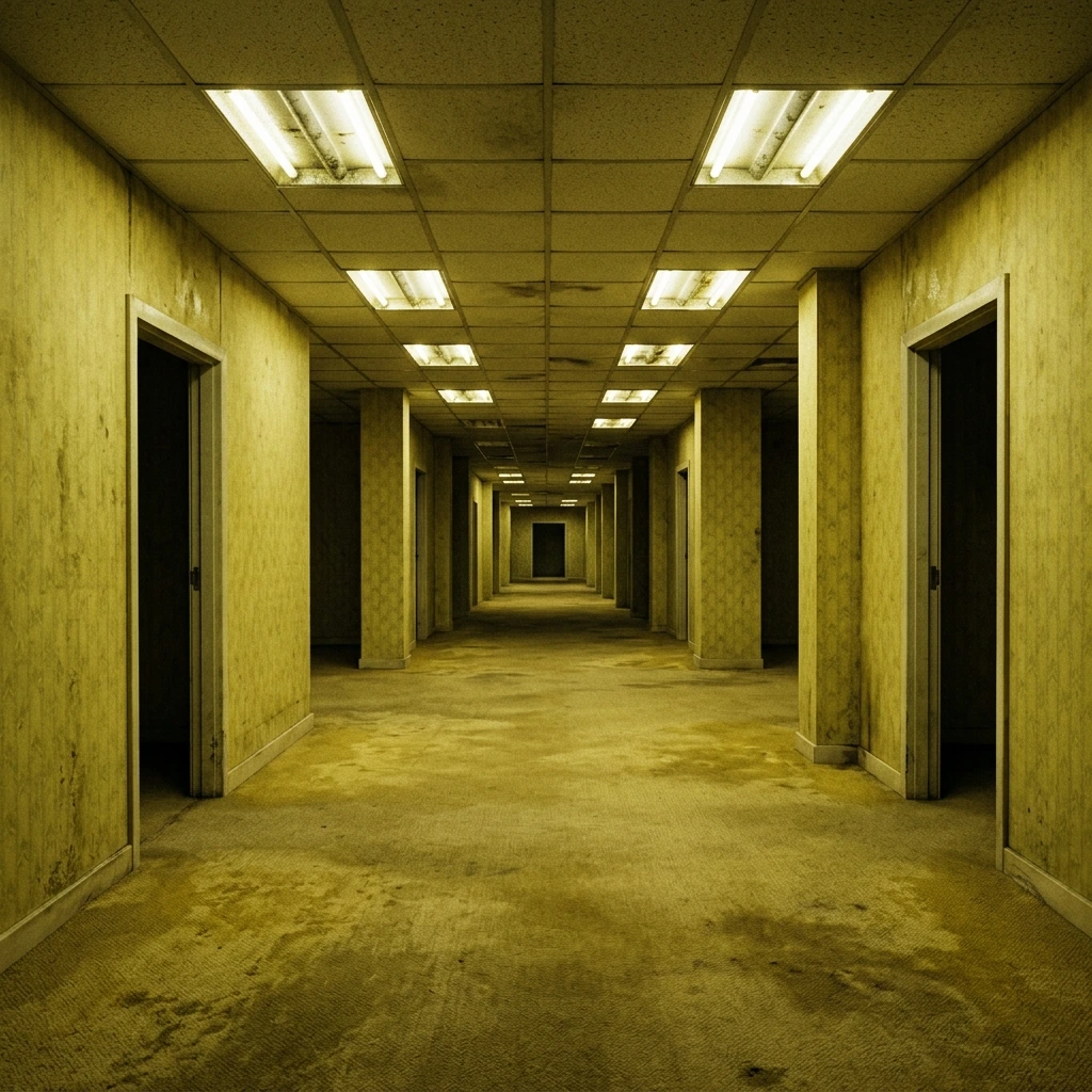 ç¡éã«ç¶ãé»è²ãå£çŽãšæ¹¿ã£ã絚毯ãåºããThe Backrooms Level 0ã®ç©ºèãªè¿·å®®å»äž