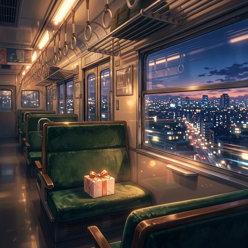 夕暮れの車窓に東京の夜景が広がる静かな通勤電車と座席に置かれたエルメスのギフトボックス